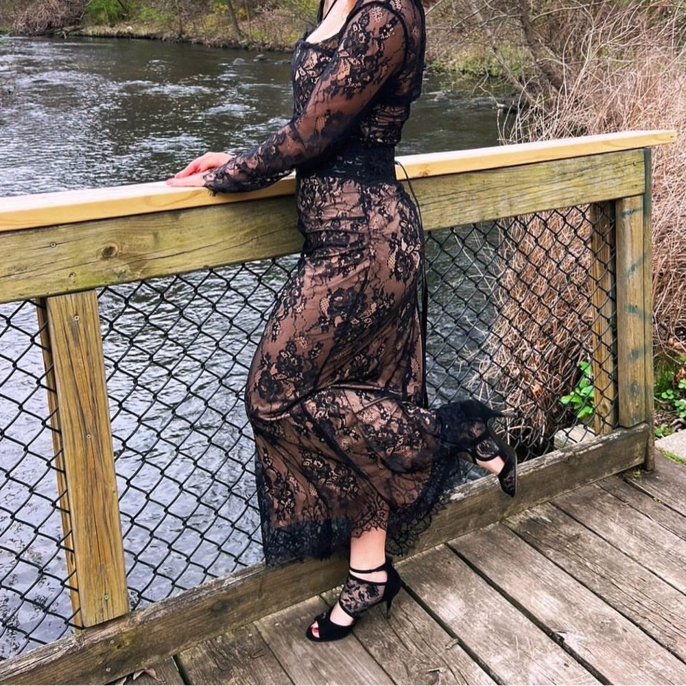 Sheer Black Lace Maxi Dress - Elegant Eveningwear